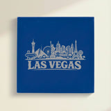 Close up of the Las Vegas, Nevada skyline engraved on Blue leatherette