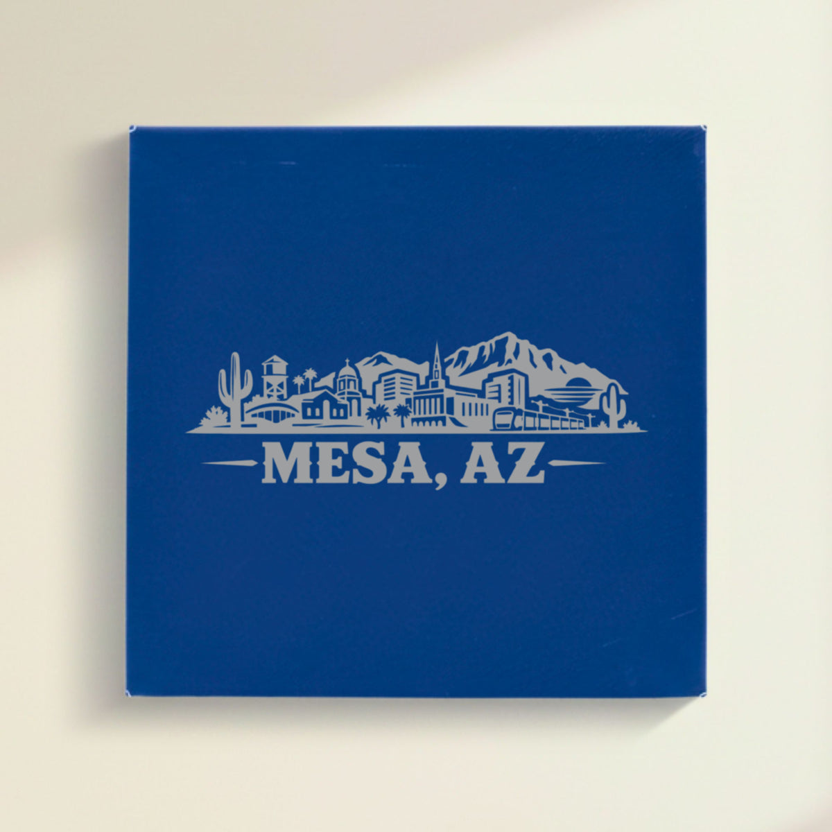 Close up of the Mesa, Arizona skyline engraved on Blue leatherette