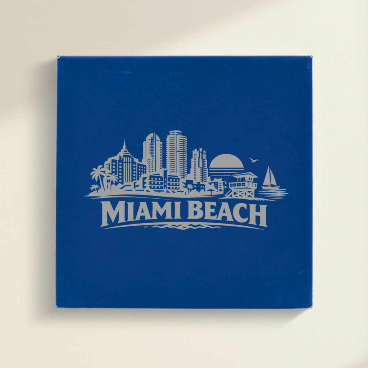 Close up of the Miami Beach, Florida skyline engraved on Blue leatherette