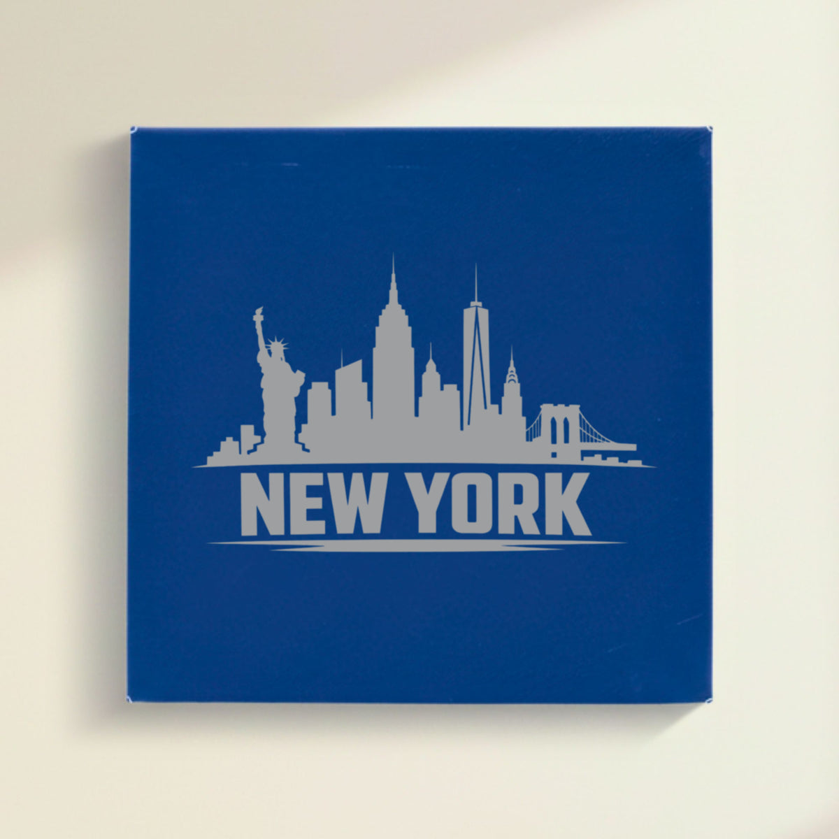 Close up of the New York, New York skyline engraved on Blue leatherette