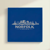 Close up of the Norfolk, Virginia skyline engraved on Blue leatherette