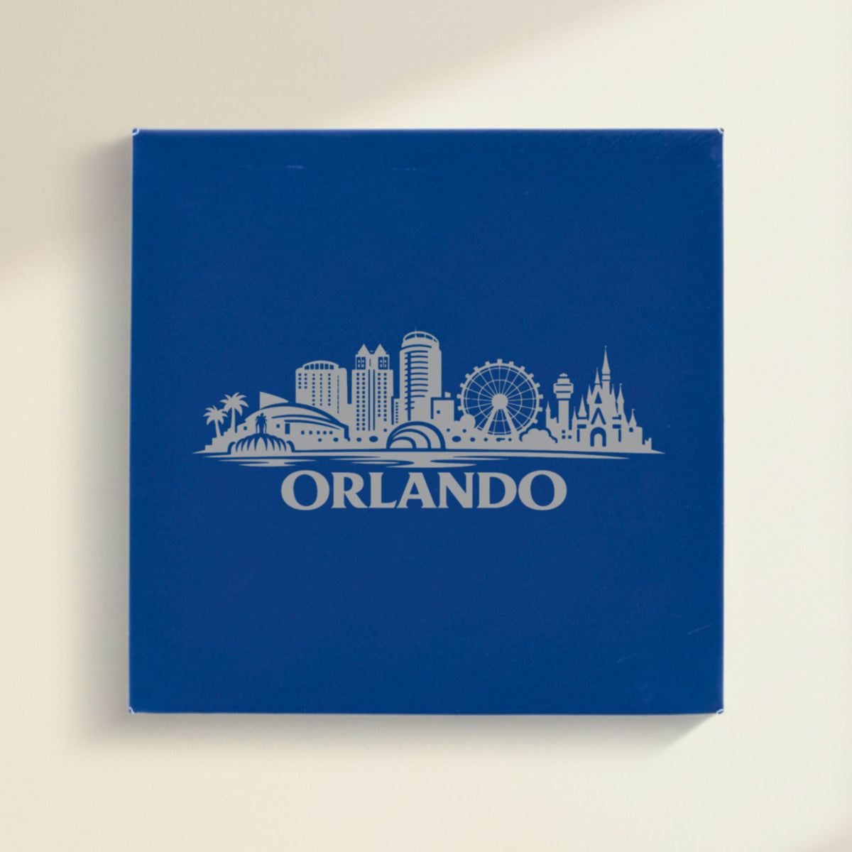 Close up of the Orlando, Florida skyline engraved on Blue leatherette