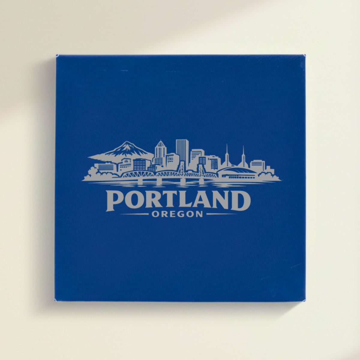 Close up of the Portland, Oregon skyline engraved on Blue leatherette