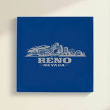 Close up of the Reno, Nevada skyline engraved on Blue leatherette