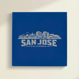 Close up of the San Jose, California skyline engraved on Blue leatherette
