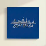 Close up of the Savannah, Georgia skyline engraved on Blue leatherette