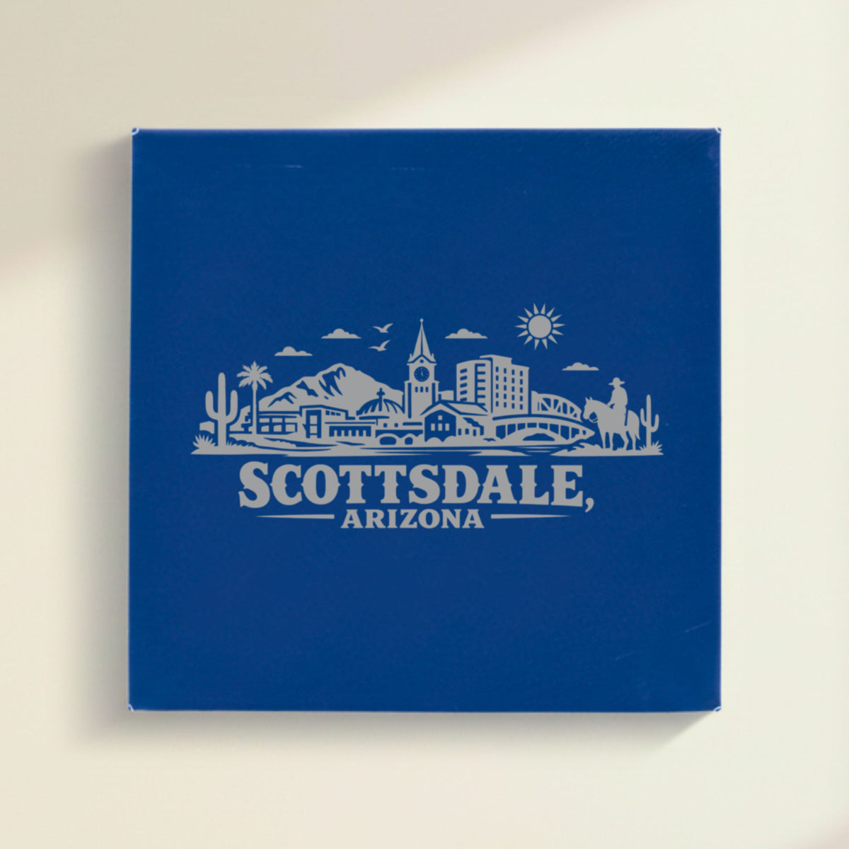 Close up of the Scottsdale, Arizona skyline engraved on Blue leatherette