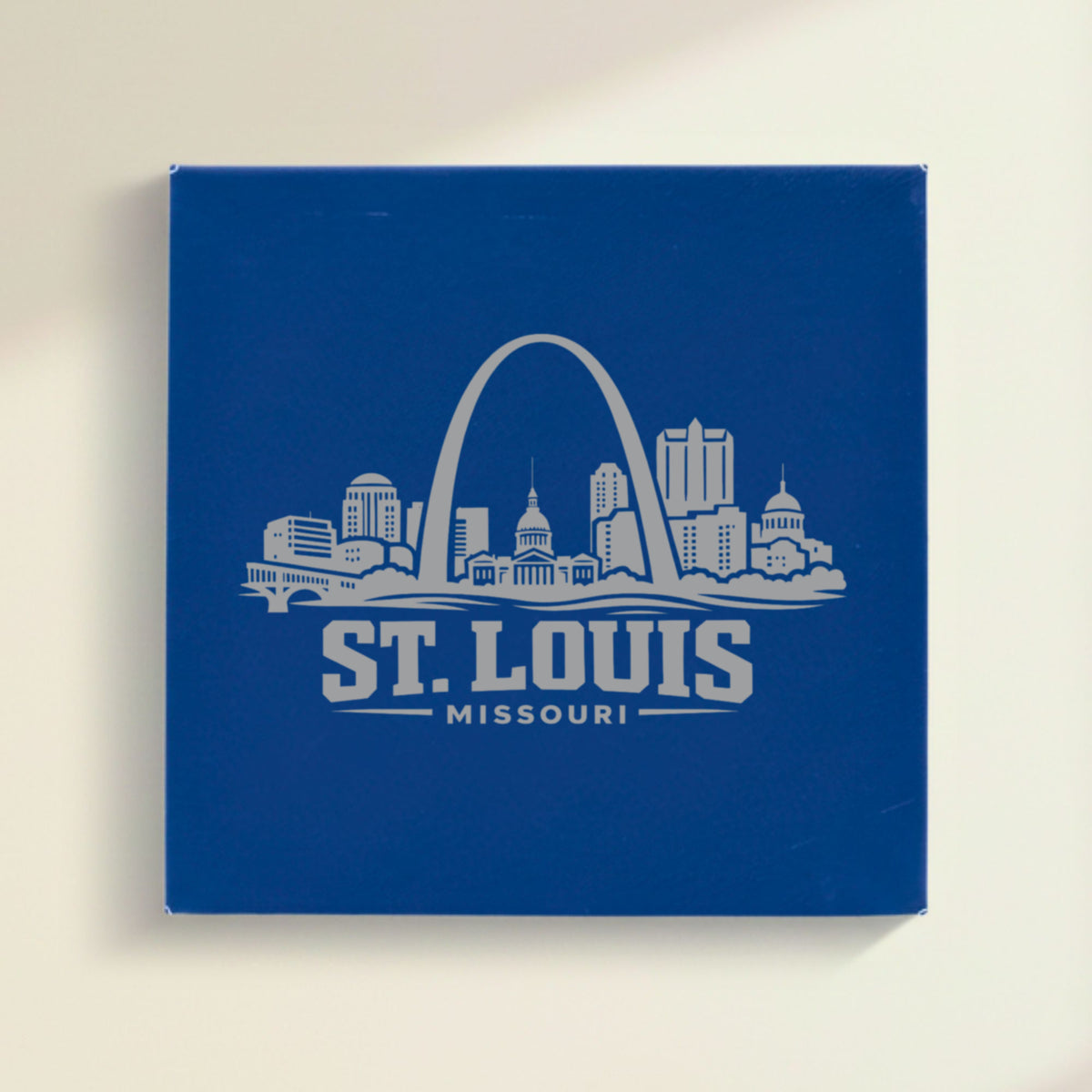 Close up of the St. Louis, Missouri skyline engraved on Blue leatherette