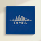 Close up of the Tampa, Florida skyline engraved on Blue leatherette