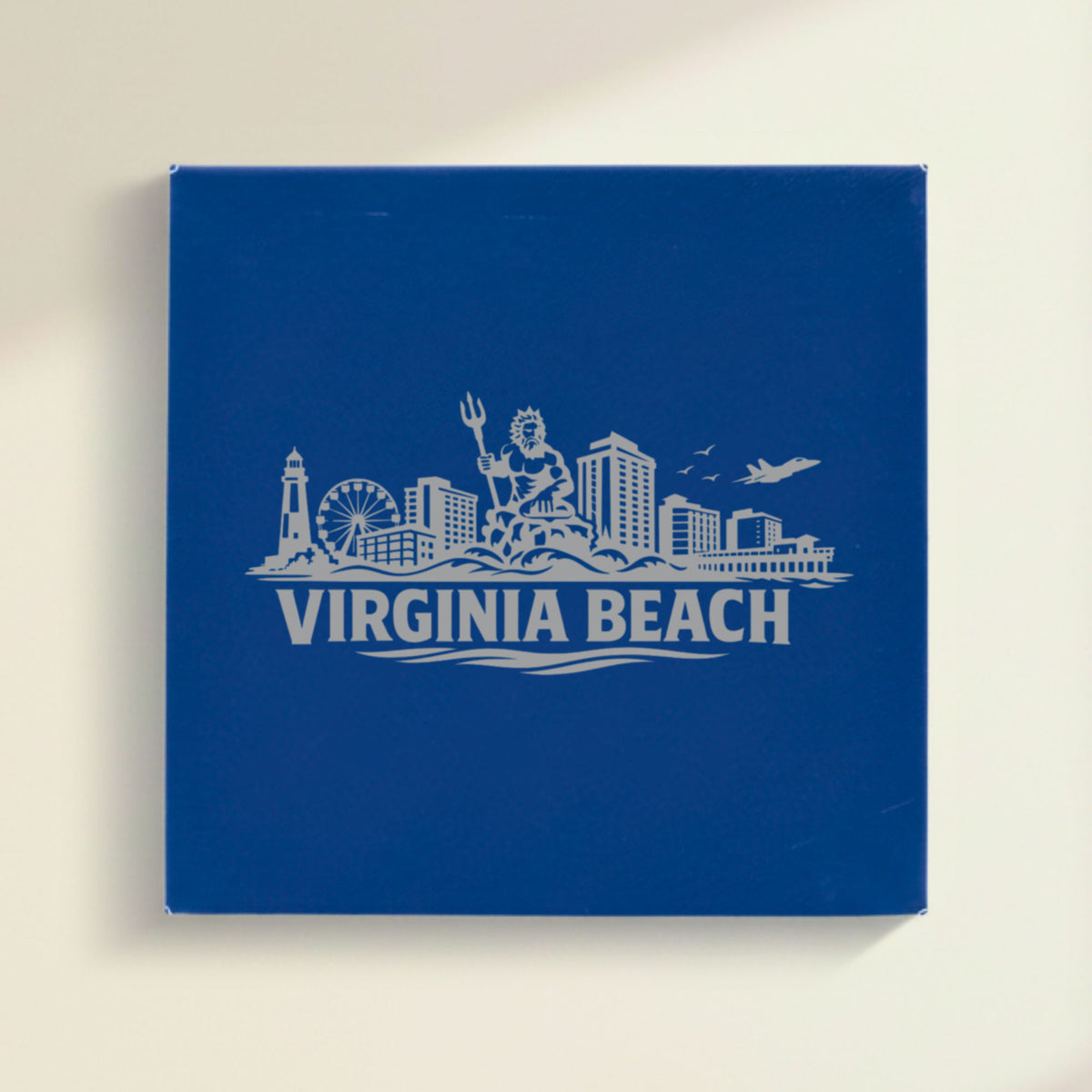 Close up of the Virginia Beach, Virginia skyline engraved on Blue leatherette