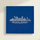 Close up of the Wichita, Kansas skyline engraved on Blue leatherette