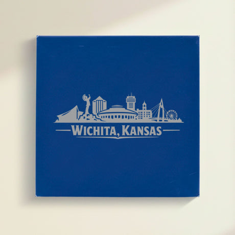 Close up of the Wichita, Kansas skyline engraved on Blue leatherette