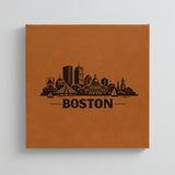 Close up of the Boston, Massachusetts skyline engraved on Brown leatherette
