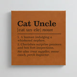 Close-up of the brown leatherette wall sign engraved with the Cat Uncle dictionary definition