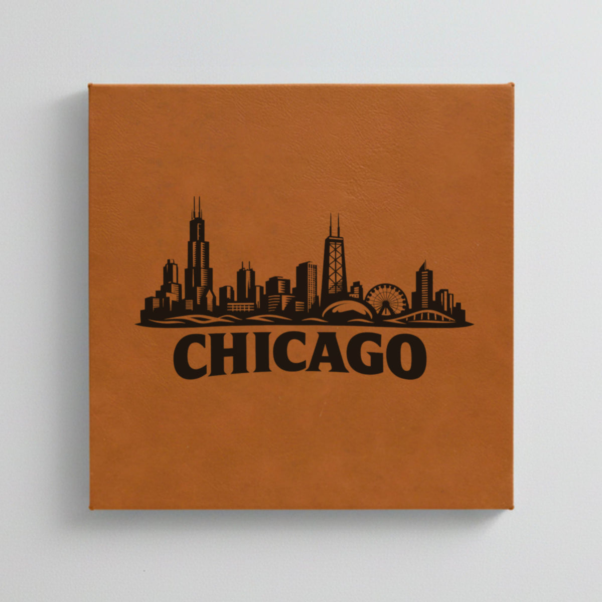 Close up of the Chicago, Illinois skyline engraved on Brown leatherette