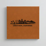 Close up of the Chula Vista, California skyline engraved on Brown leatherette
