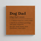 Close-up of the brown leatherette wall sign engraved with the Dog Dad dictionary definition