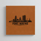 Close up of the Fort Wayne, Indiana skyline engraved on Brown leatherette