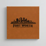 Close up of the Fort Worth, Texas skyline engraved on Brown leatherette