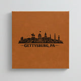 Close up of the Gettysburg, Pennsylvania skyline engraved on Brown leatherette