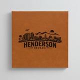 Close up of the Henderson, Nevada skyline engraved on Brown leatherette