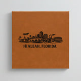 Close up of the Hialeah, Florida skyline engraved on Brown leatherette