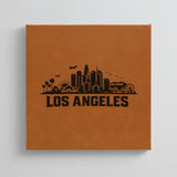 Close up of the Los Angeles, California skyline engraved on Brown leatherette