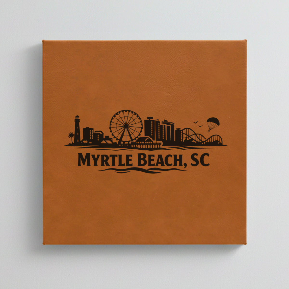 Close up of the Myrtle Beach, South Carolina skyline engraved on Brown leatherette