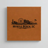 Close up of the Myrtle Beach, South Carolina skyline engraved on Brown leatherette