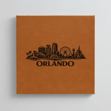Close up of the Orlando, Florida skyline engraved on Brown leatherette