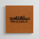 Close up of the Port St. Lucie, Florida skyline engraved on Brown leatherette