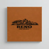 Close up of the Reno, Nevada skyline engraved on Brown leatherette