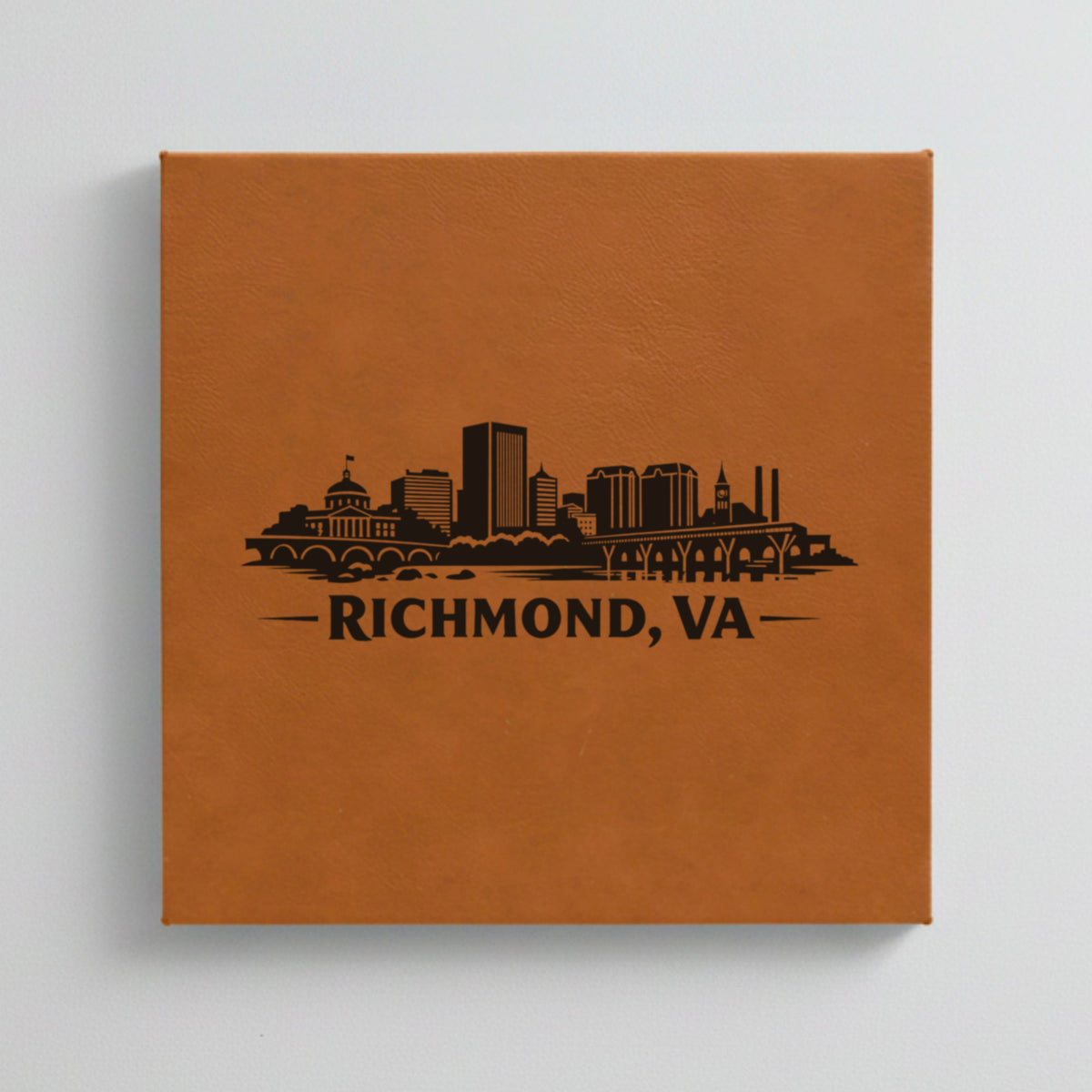 Close up of the Richmond, Virginia skyline engraved on Brown leatherette