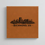 Close up of the Richmond, Virginia skyline engraved on Brown leatherette