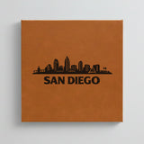 Close up of the San Diego, California skyline engraved on Brown leatherette