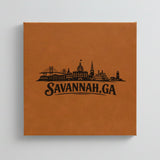 Close up of the Savannah, Georgia skyline engraved on Brown leatherette