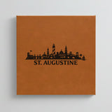 Close up of the St. Augustine, Florida skyline engraved on Brown leatherette