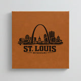 Close up of the St. Louis, Missouri skyline engraved on Brown leatherette