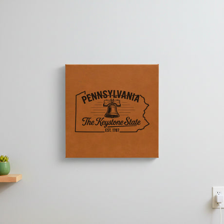 Brown leatherette wall sign engraved with a Pennsylvania design of the Liberty Bell, hanging on a wall