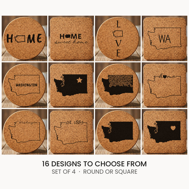 Washington cork coaster set, laser engraved natural cork