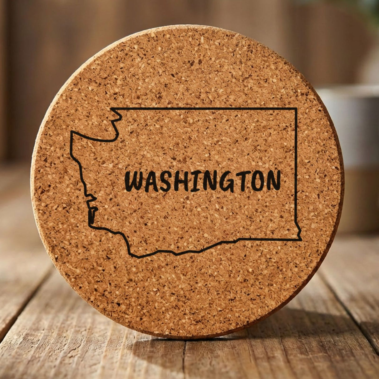 Washington round cork coaster engraved with the state outline and WASHINGTON in hand-drawn brush lettering