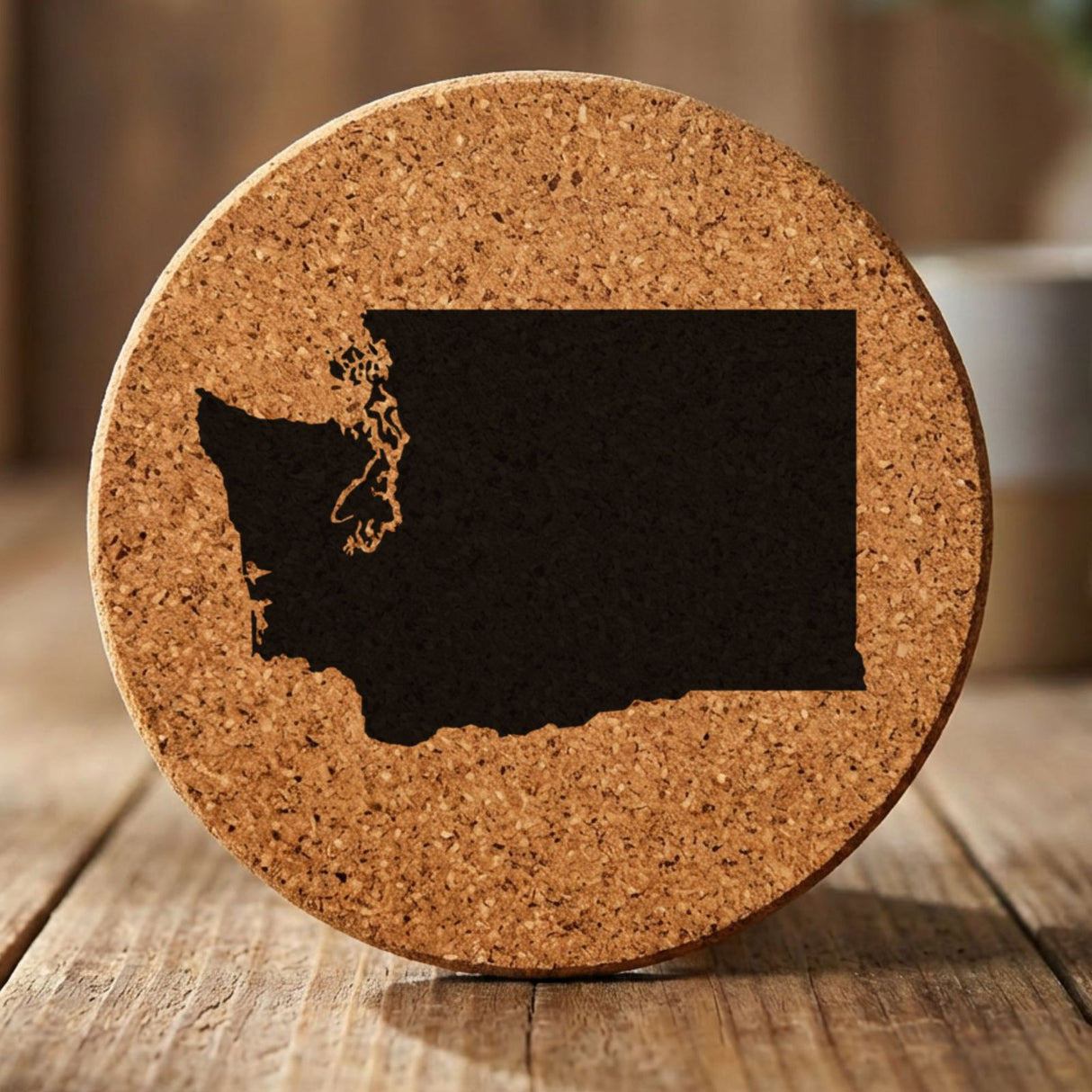 Washington round cork coaster with the full state shape engraved