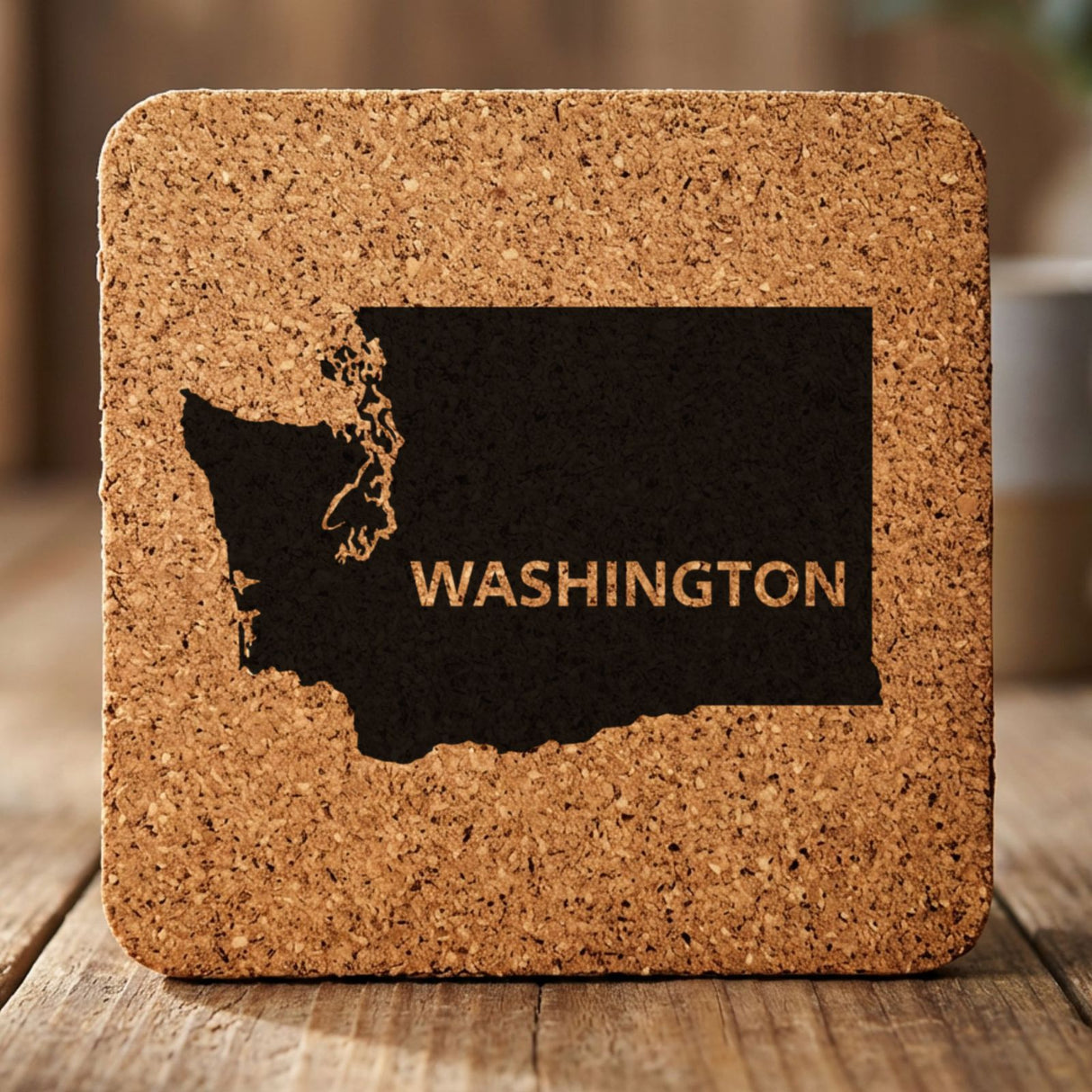 Washington square cork coaster engraved with the state shape and WASHINGTON in bold lettering
