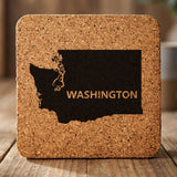 Washington square cork coaster engraved with the state shape and WASHINGTON in bold lettering