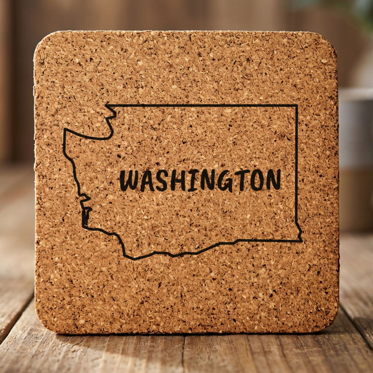 Washington square cork coaster engraved with the state outline and WASHINGTON in hand-drawn brush lettering