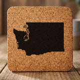 Washington square cork coaster with the full state shape engraved