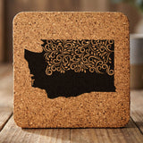 Washington square cork coaster engraved with the state shape in ornate floral scrollwork