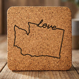 Washington square cork coaster engraved with a hand-drawn state outline and love in cursive