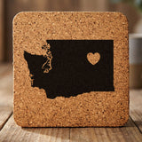 Washington square cork coaster engraved with the state shape and a heart