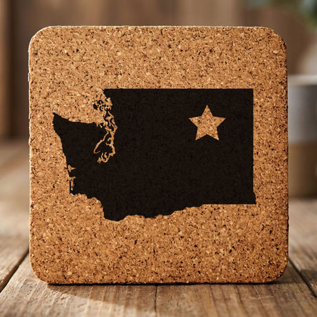 Washington square cork coaster engraved with the state shape and a star